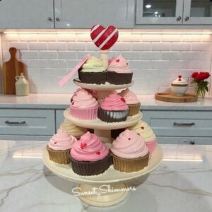 14" Martha Stewart Valentines Cupcake 3 Tier Tray Pedistal Decor w/ Hearts NEW